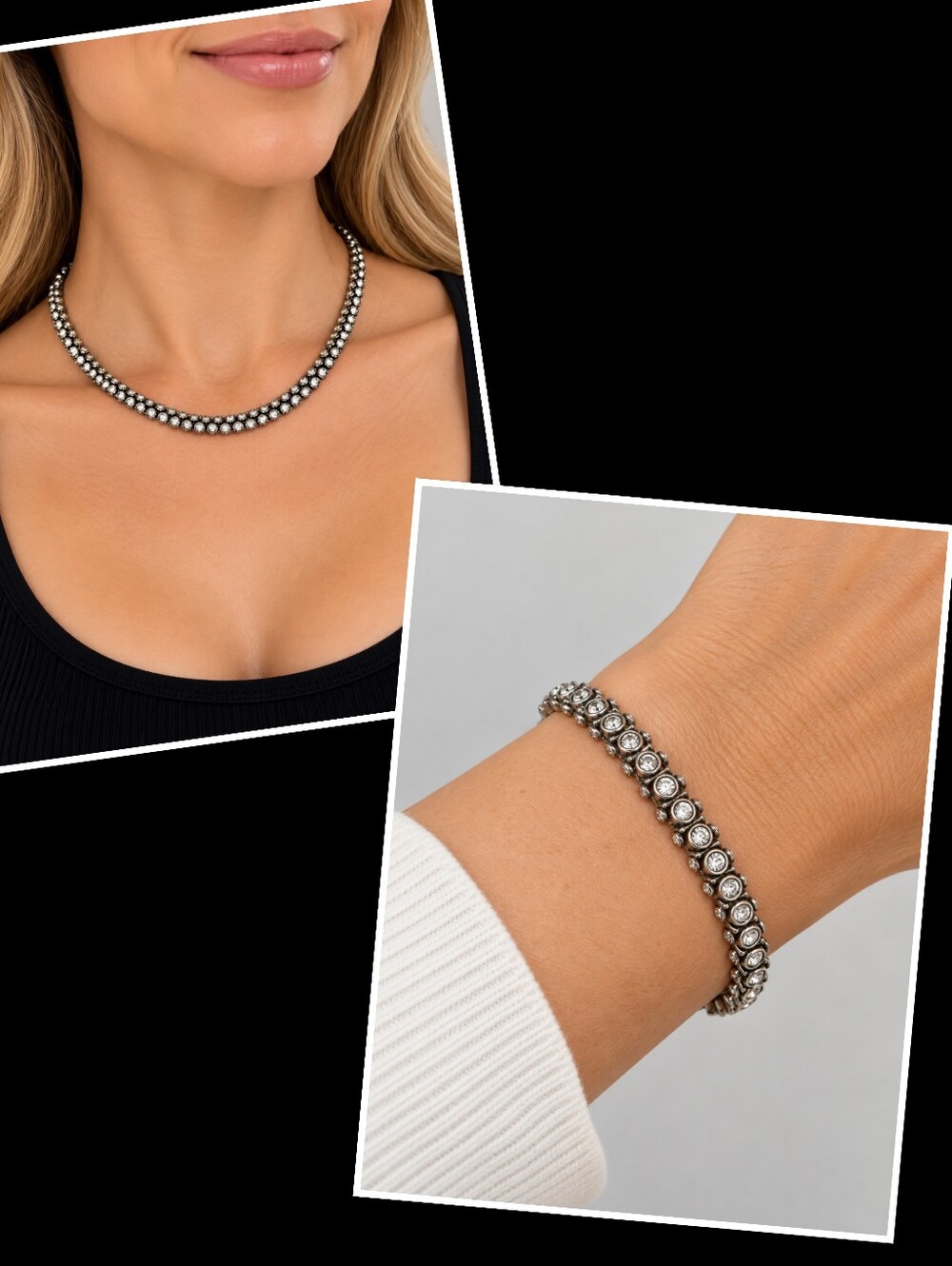 PREMIER DESIGNS Silver Crystal Bling Tubular Tennis Choker Necklace Bracelet Set